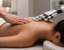 A human hand and a mechanical hand simultaneously palpating the upper back of a client