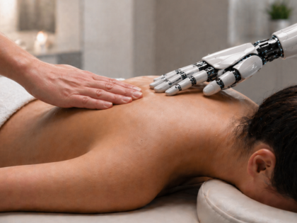 A human hand and a mechanical hand simultaneously palpating the upper back of a client
