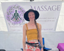 Sarah Stroup at first large onsite massage event at McCloud Mushroom Festival