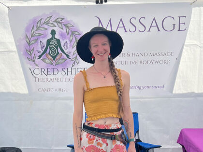 Sarah Stroup at first large onsite massage event at McCloud Mushroom Festival