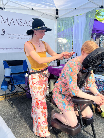 Sararh Stroup grounding and centering before introducing touch on chair massage client